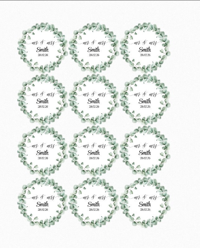 Wedding Day Eucalyptus Personalised Round Peel & Stick Stickers