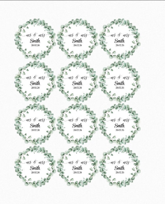 Wedding Day Eucalyptus Personalised Round Peel & Stick Stickers