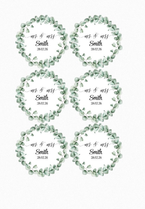 Wedding Day Eucalyptus Personalised Round Peel & Stick Stickers